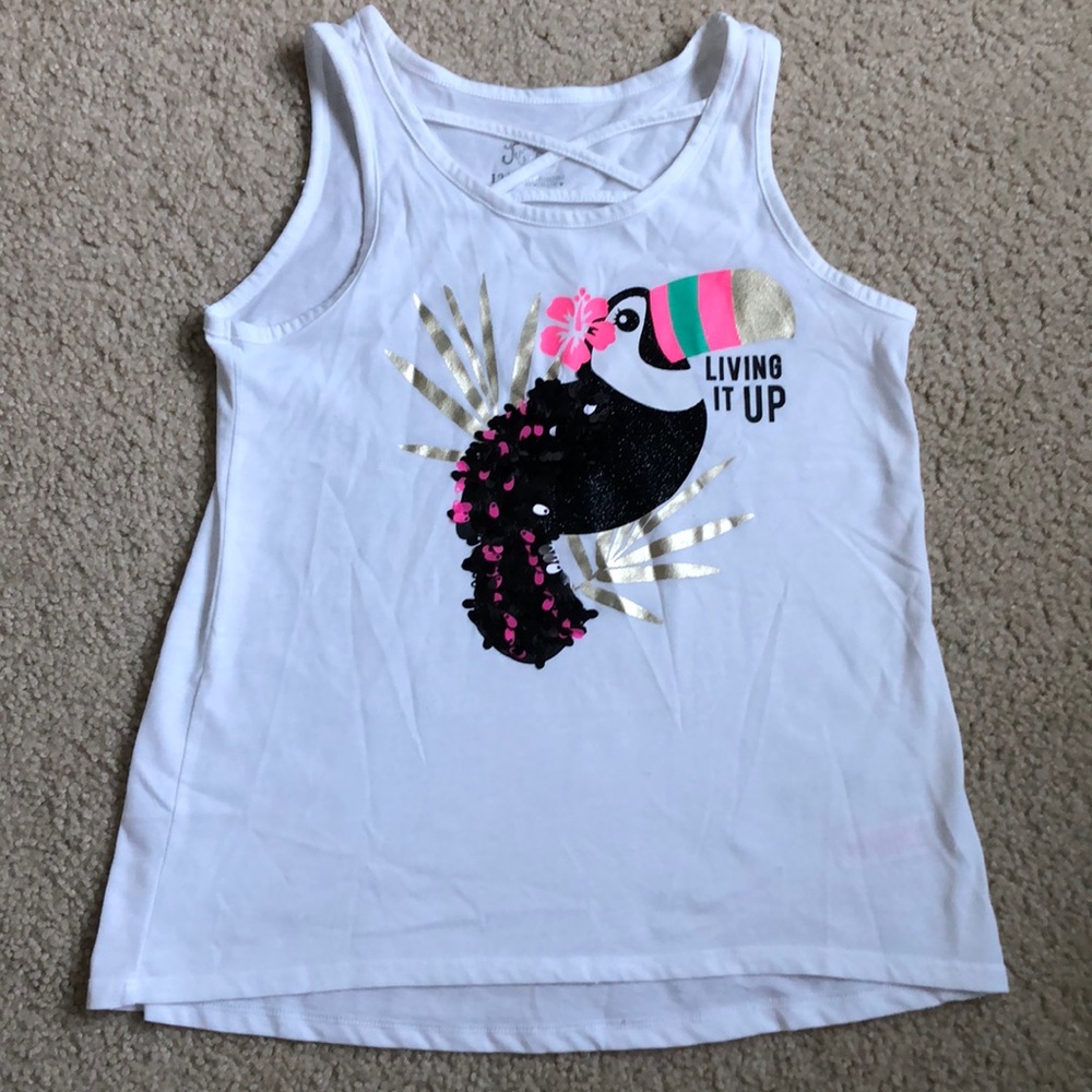 Justice toucan “living it up” tank top